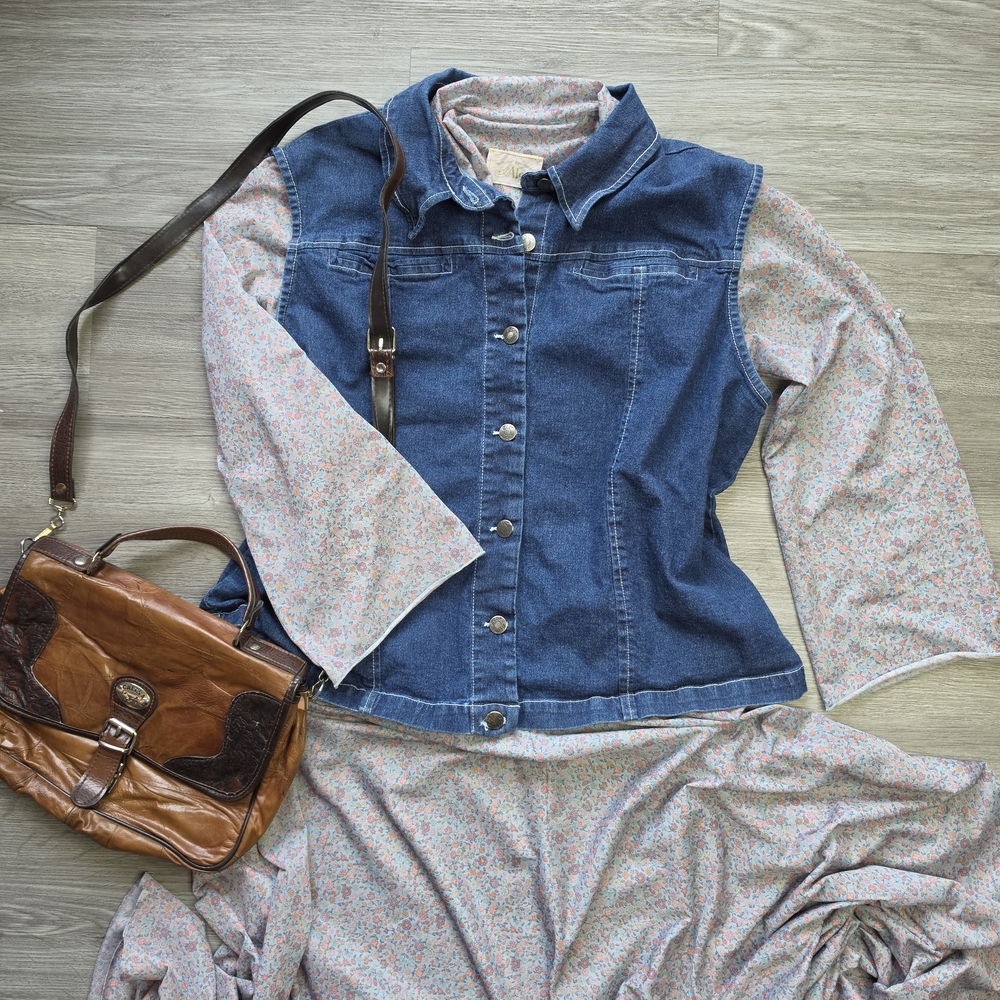 Denim Button-Front Vest with Floral Dress Layering